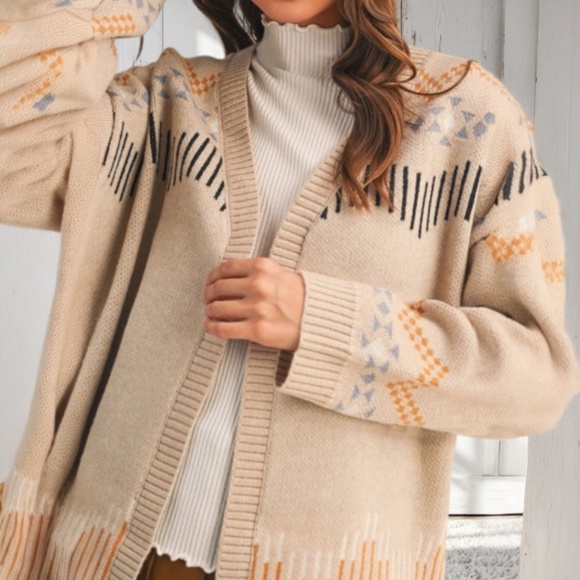 Beige Taupe Western Horse Knit Relaxed Oversized Fit Cardigan Sweater Fall - Picture 3 of 3